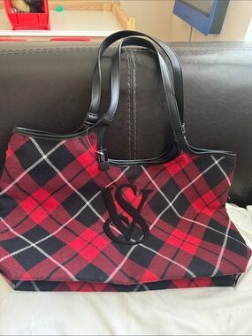 Victoria's Secret Red and Black Plaid Tote with Leather Handles